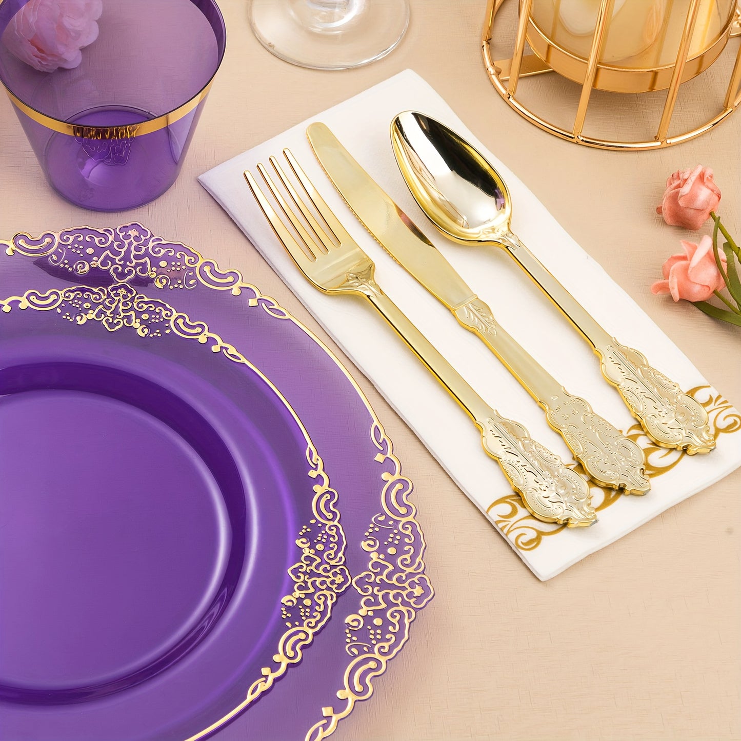 175pcs Clear Purple Plastic Plates for 25 Guests, Disposable Plates with Golden Trim Include 25 Dinner Plates, 25 Dessert Plates, 75 Golden Silverware, 25 Cups, 25 Napkins for Party, Wedding