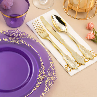 175pcs Clear Purple Plastic Plates for 25 Guests, Disposable Plates with Golden Trim Include 25 Dinner Plates, 25 Dessert Plates, 75 Golden Silverware, 25 Cups, 25 Napkins for Party, Wedding