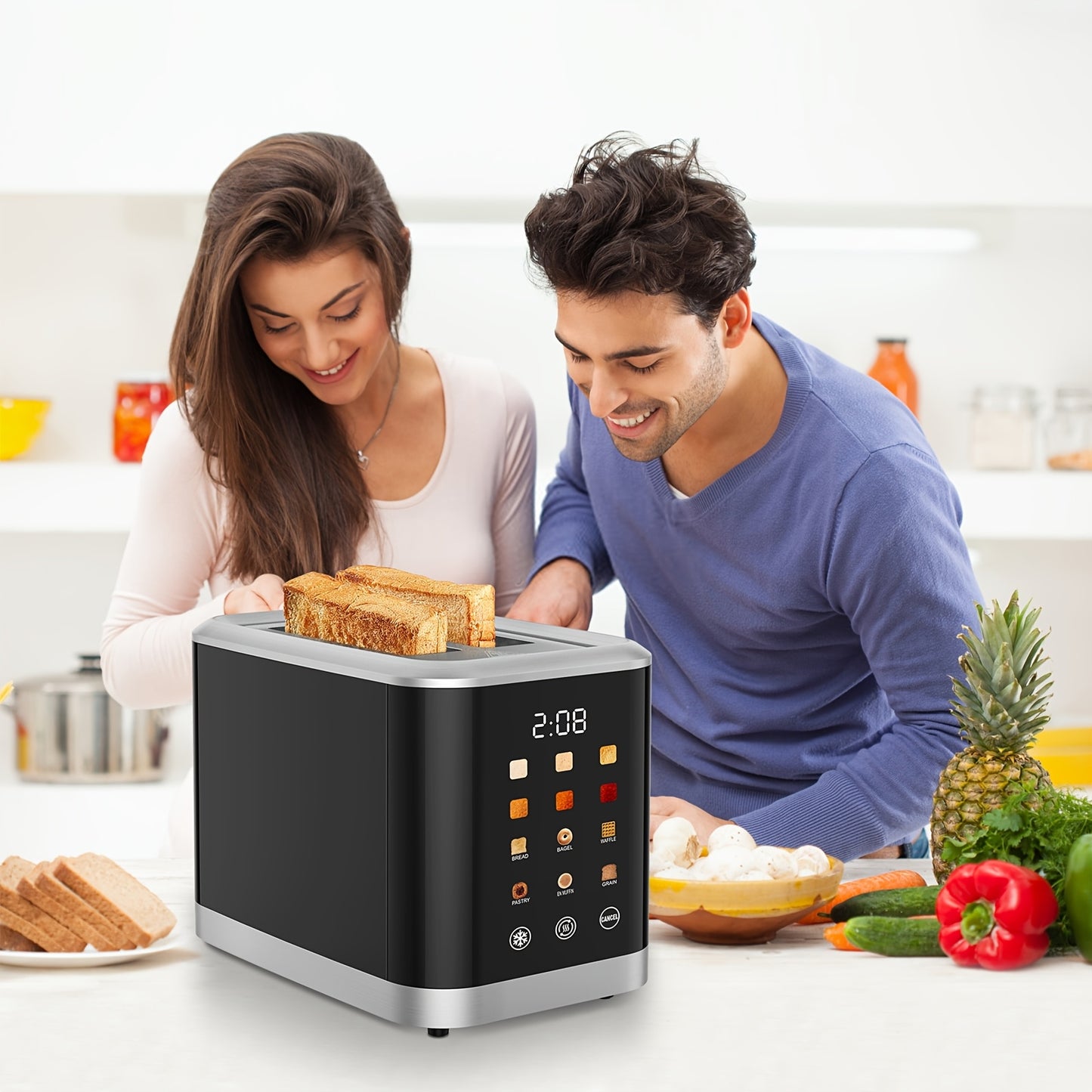 [Smart Digital Toaster] Toaster Touch Screen Toaster 2 Slice With LCD Display Stainless Steel Digital Timer Toaster 6 Bread Types & 6 Shade Settings Smart Extra Wide Slots Toaster With Bagel Cancel, Defrost Functions