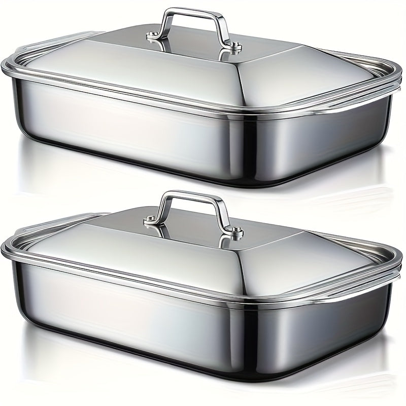 4pcs Set of 2 Deep Plates 2pcs Stainless Steel Rectangular Baking Trays with Handle Lids -1.59 Gallon Capacity, 16.14 Inches Deep Baking Tray Fish BBQ Tray Spaghetti Bowl, Dishwasher Safe, Father'S Day Gift for Men, Christmas Choice