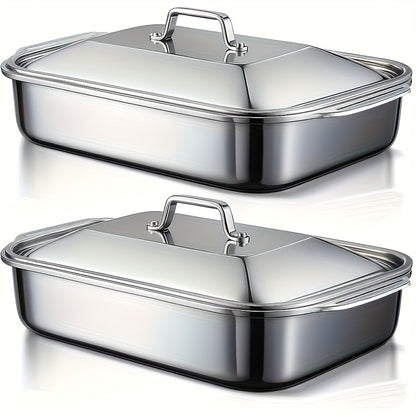 4pcs Set of 2 Deep Plates 2pcs Stainless Steel Rectangular Baking Trays with Handle Lids -1.59 Gallon Capacity, 16.14 Inches Deep Baking Tray Fish BBQ Tray Spaghetti Bowl, Dishwasher Safe, Father'S Day Gift for Men, Christmas Choice