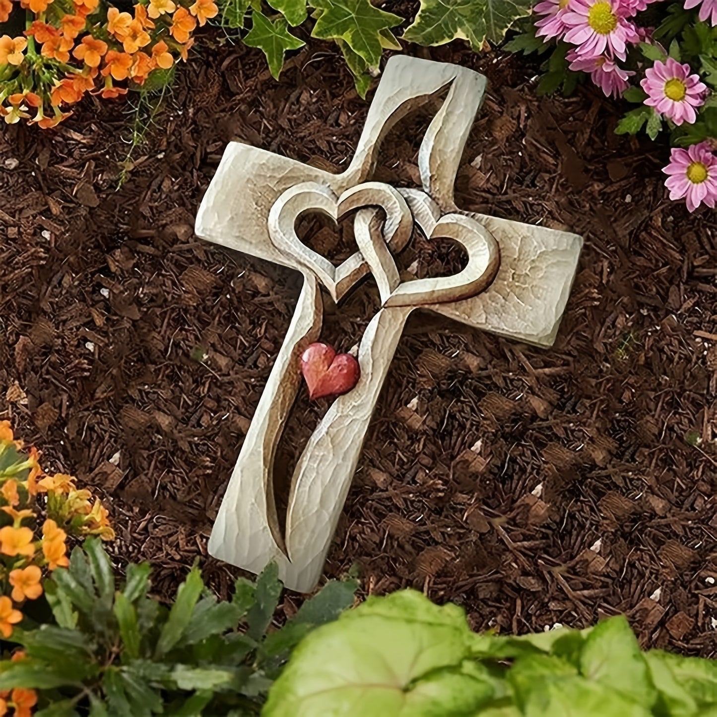 Handcrafted Wooden Cross - Hearts Intertwined, Love Cross for Wall Decoration, Carved Wood Cross for Living Room for home Decor