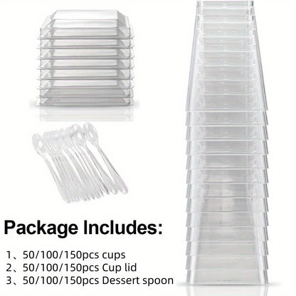 (Quick Arrival) 50/100/150/200 Packs 5oz Plastic Dessert Cup with Lid & Spoon Set, Pudding Cup with Lid, Mini Dessert Cup, Party Gathering Use, Suitable for Large Gatherings, Family Gatherings, Camping Picnics
