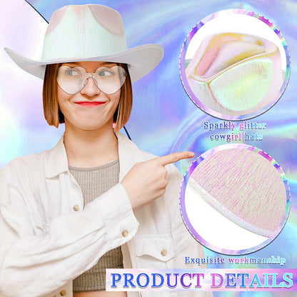 32 Pcs Space Cowgirl Holographic Hat And Rimless Heart Fashion Glasse Set CowGirl Sparkly Hat for Party Costume Accessories