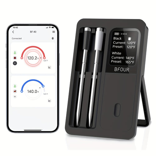 Wireless Meat Thermometer with Dual Probes USB Rechargeable | 2-Probe Digital BBQ Thermometer for Smoker Oven Grill Kitchen | 304 Stainless Steel Food Safe | iOS & Android App Compatible