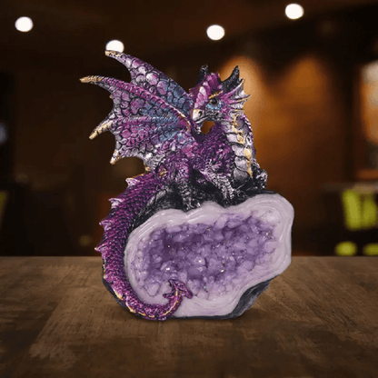 4" H Dragon Guarding Faux Crystal Cave Figurine Statue Home/Room Decor and Perfect Gift Ideas for House Warming, Holidays and Birthdays Great Collectible Addition