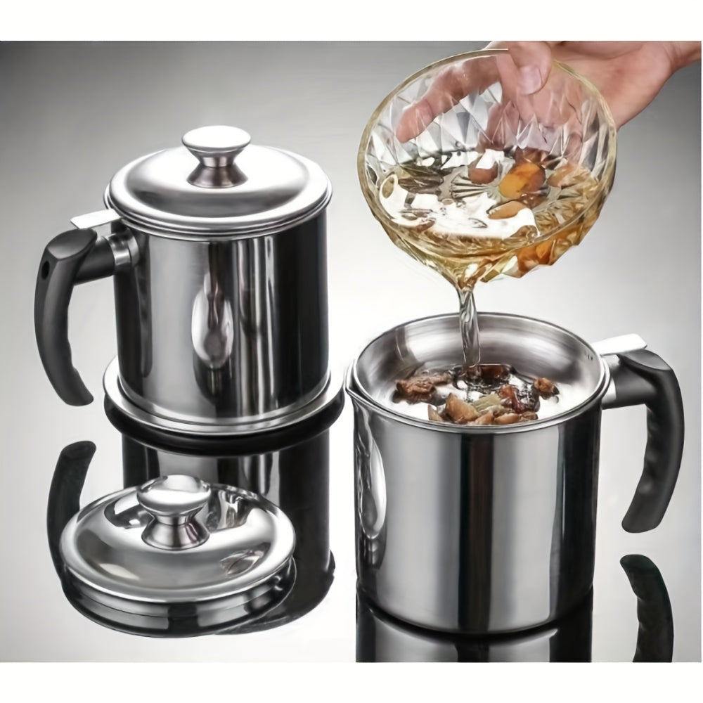 1pc Kitchen Grease Container with Strainer, BPA Free Stainless Steel, Round Shape, Hand Wash Only, Easy Pour Handle, for Storing Cooking Oils and Fats, Essential Kitchen Accessories