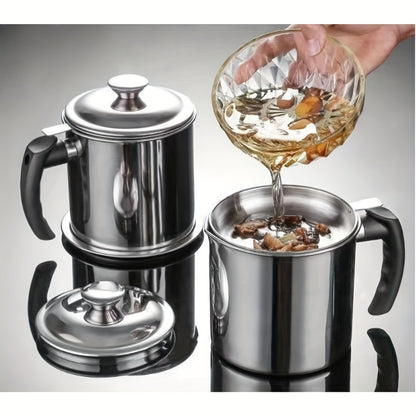 1pc Kitchen Grease Container with Strainer, BPA Free Stainless Steel, Round Shape, Hand Wash Only, Easy Pour Handle, for Storing Cooking Oils and Fats, Essential Kitchen Accessories