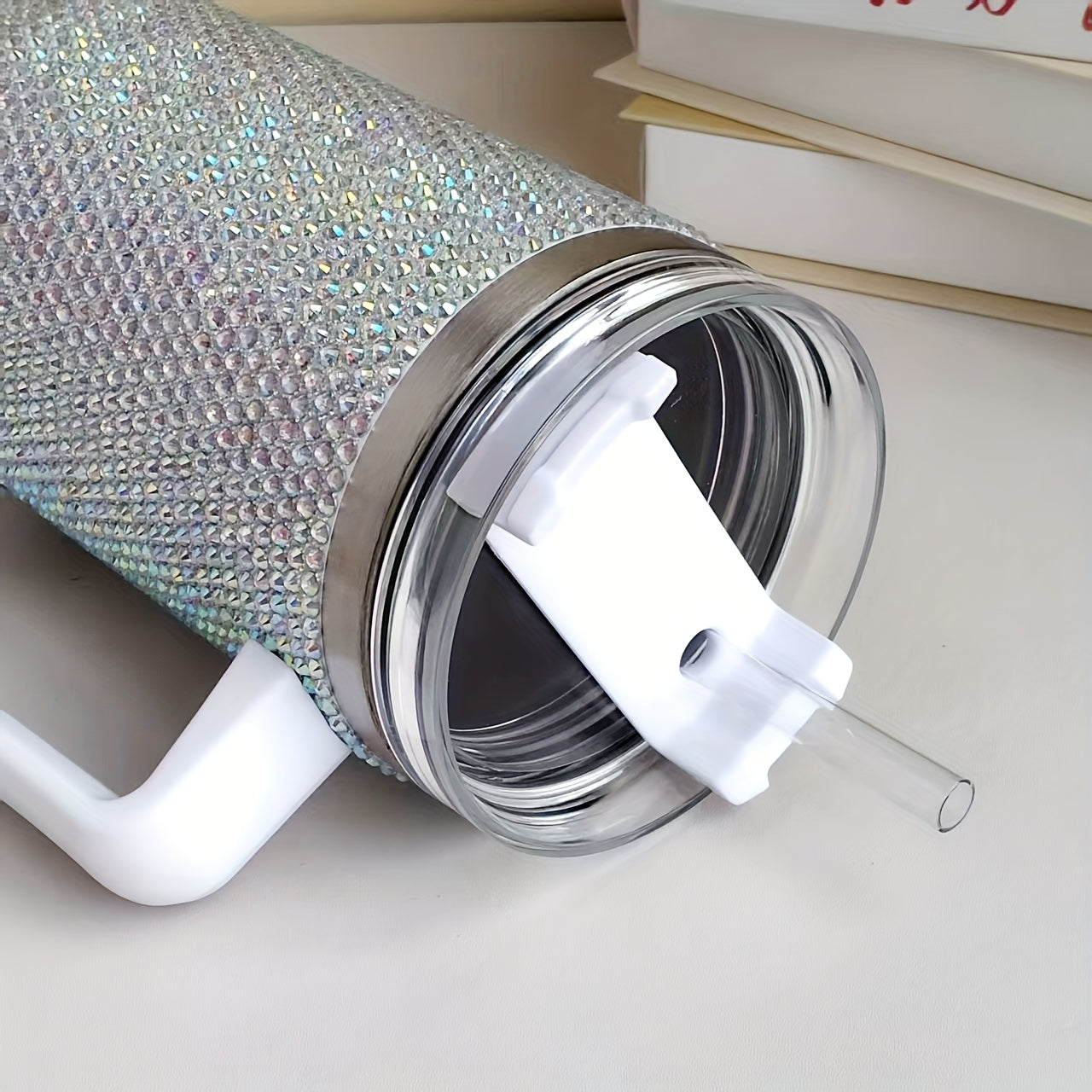 Single 40 Oz Tumbler Featuring a Handle And Straw Lid, Adorned with Studded Bling Diamonds, Made of Stainless Steel for Insulation, Designed As a Double Wall Travel Mug That Fits in Car Cup Holders, Perfect for Women