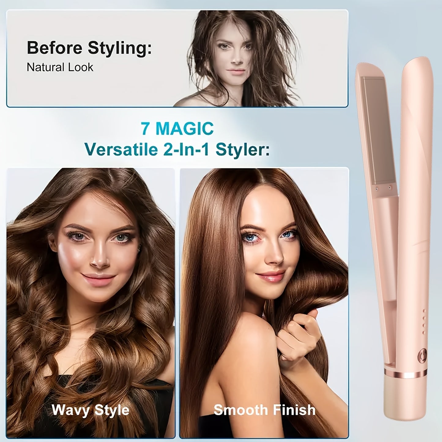 Portable Wireless Multifunctional Ceramic Straightener And Curling Iron, 3-speed Adjustable Temperature, Dual-purpose Design, Suitable for Styling And Curling, No Harm, Supports USB-C Charging, Suitable for Travel Use, Women's Gift