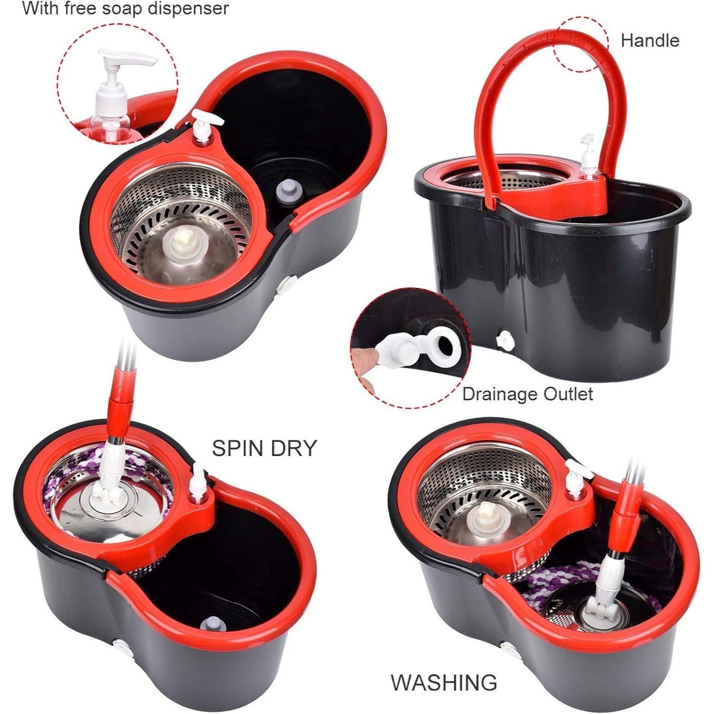 360 Spin Mop and Bucket Set with Wringer - Stainless Steel Extended Handle Spinning Mop Bucket System with Microfiber Mop Refills for Hardwood, Tile & Laminate Floor Cleaning, Black Blue Pink Red