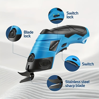 Electric Fabric Cutting Scissors, USB Rechargeable Wireless Precision Cutting Tool, 1500mAh Cordless Electric Scissors, Suitable for Clothing, Carpet, Leather, Cardboard, Crafts, Ergonomic Design, Black and Blue, Adjustable Blade, One-Touch Start
