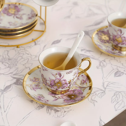 20pcs Porcelain Floral Espresso Tea Set with Metal Holder and 15oz/450ml Teapot European Ceramic Turkish 3.3oz/100ml Coffee Cup and Saucers Luxury Arabic Ceramic Tea Cups for Espresso Cappuccino Latte Mocha Gift for Afternoon Tea And Gift