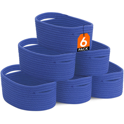 Woven Storage Baskets 6-Pack Cotton Rope Cube Bins 11x7x5" | Handmade Small Shelf Baskets for Organizing Closet Bedroom Living Room Playroom | Round Decorative Storage Caddy Multiple Colors
