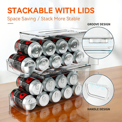 1/2 Pack Soda Can Organizer for Refrigerator Stackable Can Holder Dispenser with Lid for Fridge, Pantry, Freezer, Holds 9 Cans Each, Bpa-Free, Clear Design