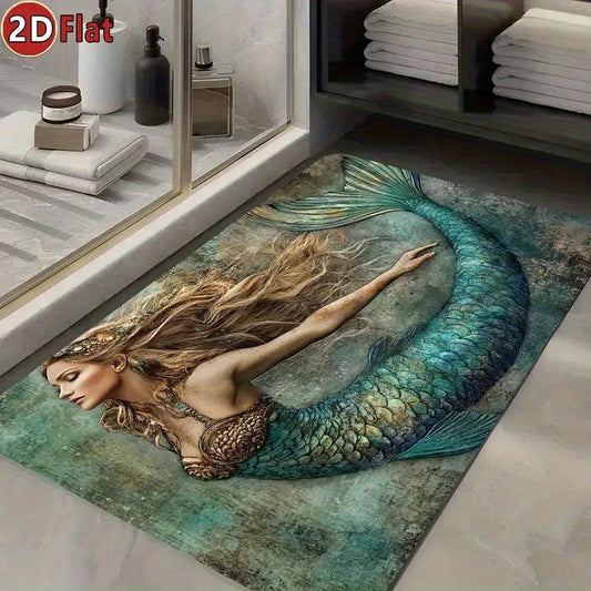 1pc Mermaid-Themed Non-Slip Quick-Dry Bath Mat - Absorbent Diatomaceous Earth Rug with Teal Green Ocean Design, Perfect for Bathroom, Kitchen, and Living Room Decor - Ideal Gift for Mermaid Lovers, Bathroom Rug