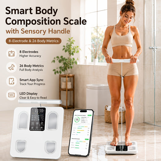 Smart Body Fat Scale with Handle, 8-Electrode Full Body Composition Analyzer, BMI Muscle Mass Monitor, Digital Weight Scale with APP Sync & LED Display for Home Gym Fitness Tracking