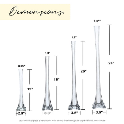 Eiffel Tower Vase Pack of 12 – Tall Glass Flower Vases for Wedding Centerpiece, Event Table Decor, Floral Arrangements & Party Decoration, Clear Black White, 12" 16" 20" 24" Sizes