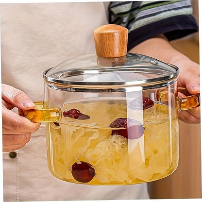 50.72oz Borosilicate Glass Cooker with Lid - Double Yellow Handles, Microwave Safe, Heat Resistant, Suitable for Soups, Milk, and Porridge