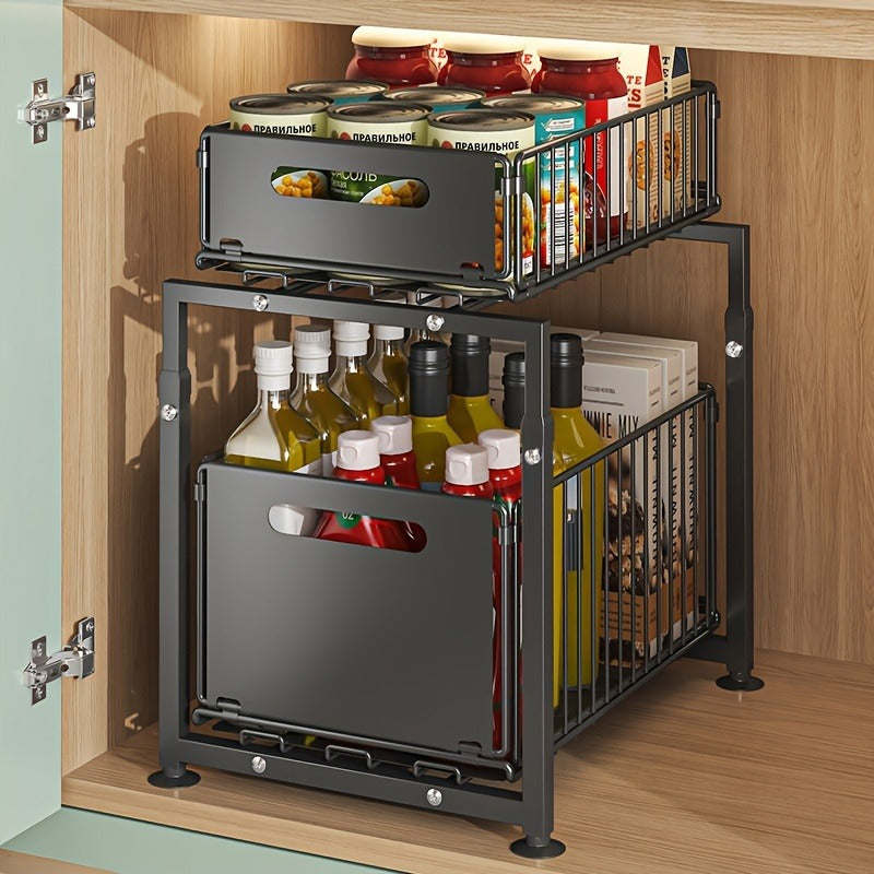 2-Tier Pull-Out Organizers, Space-Saving 2-Tier Under Sink Organizer with Adjustable Height, Sturdy Carbon Steel, Kitchen Storage Shelf, Space-Saving Cabinet Organizer, Kitchen Organizers And Storage