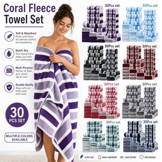 Bath Towel Set 30 Piece Coral Fleece Super Soft Quick Dry Fast Absorption Lightweight Large Wide Towels for Home Hotel Spa Gym Camping Christmas Gift Red Gray Green Navy Blue Purple Brown