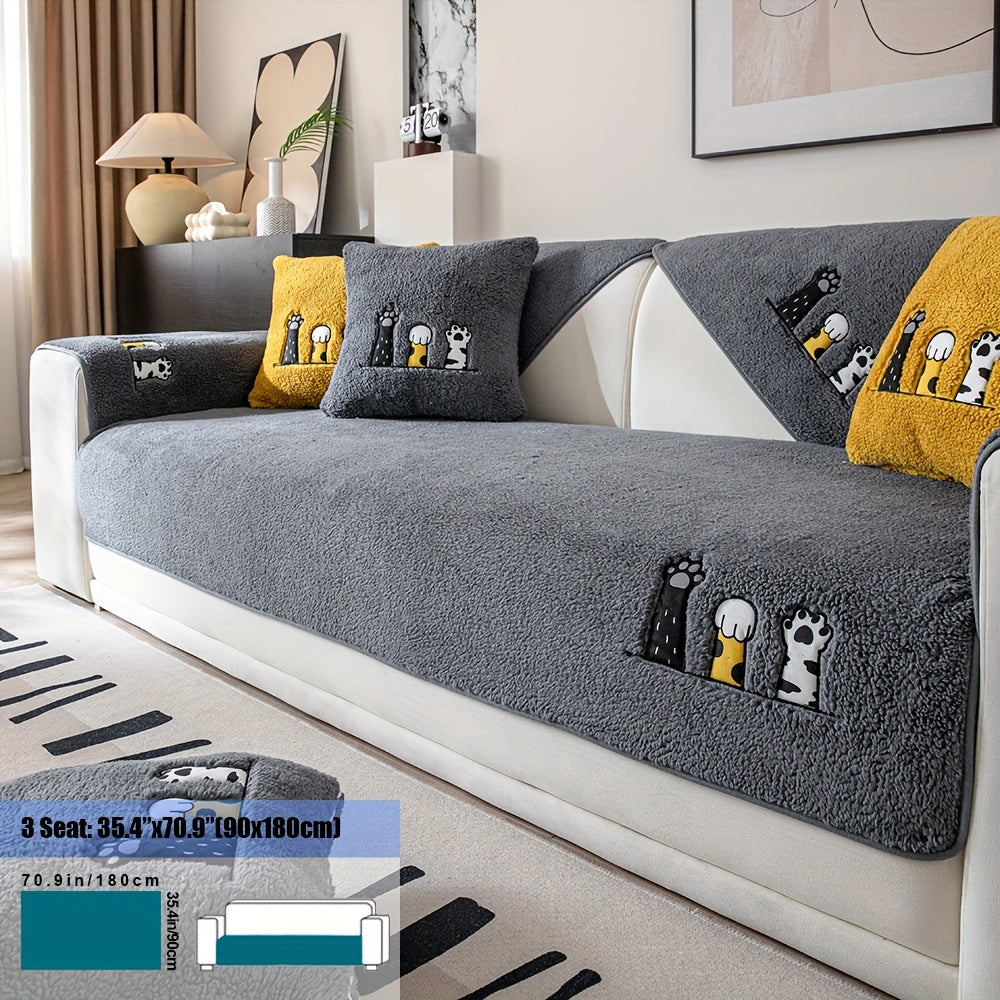 1pc Thickened Sherpa Sofa Couch Cover with Embroidered Cute Cat Paw , Thick Plush Seat Cushion Protector, Fuzzy Non Slip Sofa Slipcover, Pet-Friendly And Machine Washable Furniture Protector, Home Decor