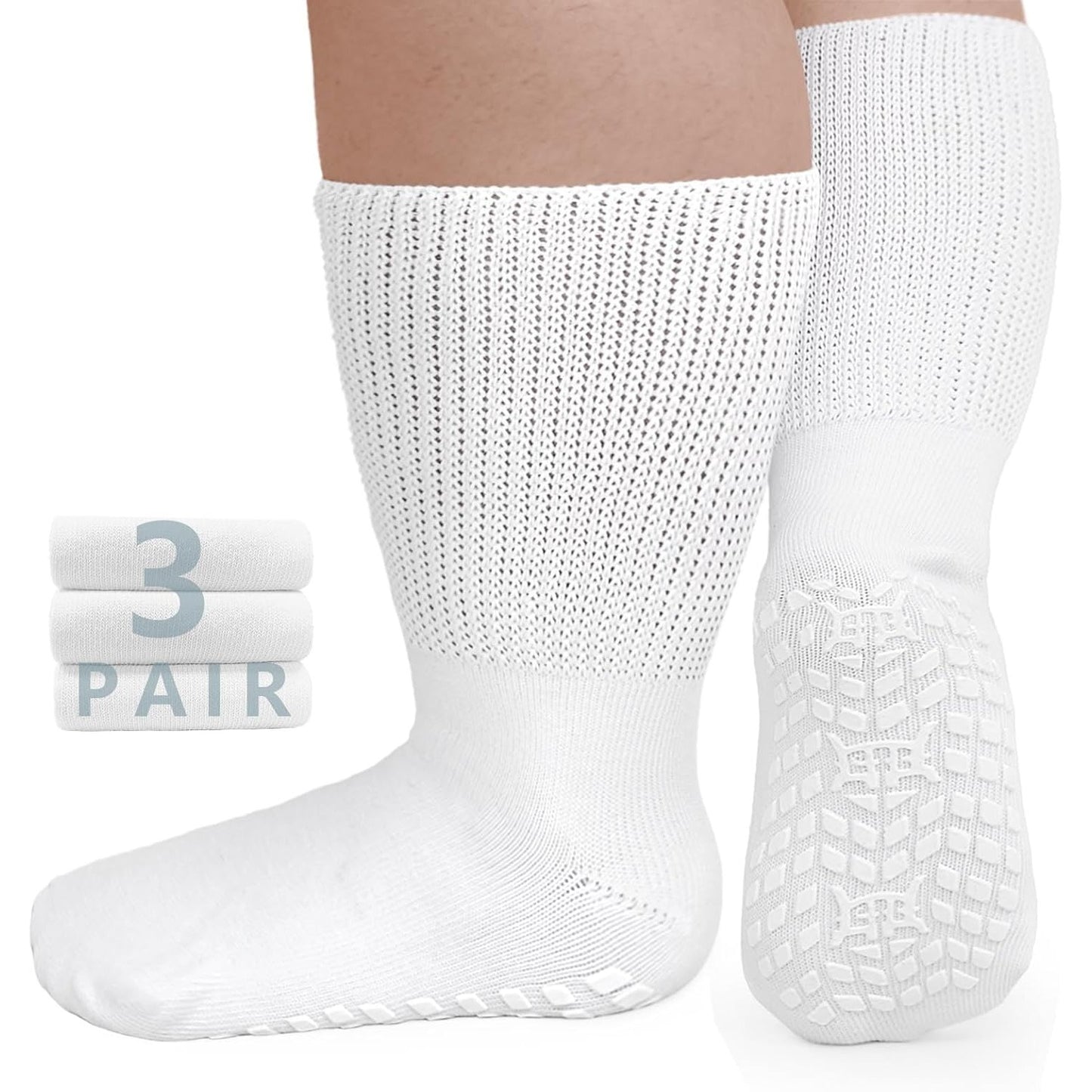 Anti-Slip Wide Socks for Swollen Feet 3 Pairs Grippy Sole Diabetic Non-Binding Breathable Edema Socks Reinforced Toe Heel Black White Grey Size 9-13 13-15