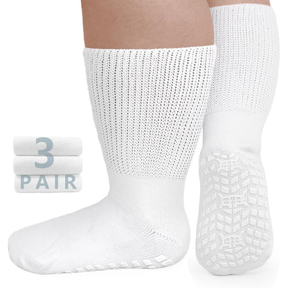 Anti-Slip Wide Socks for Swollen Feet 3 Pairs Grippy Sole Diabetic Non-Binding Breathable Edema Socks Reinforced Toe Heel Black White Grey Size 9-13 13-15