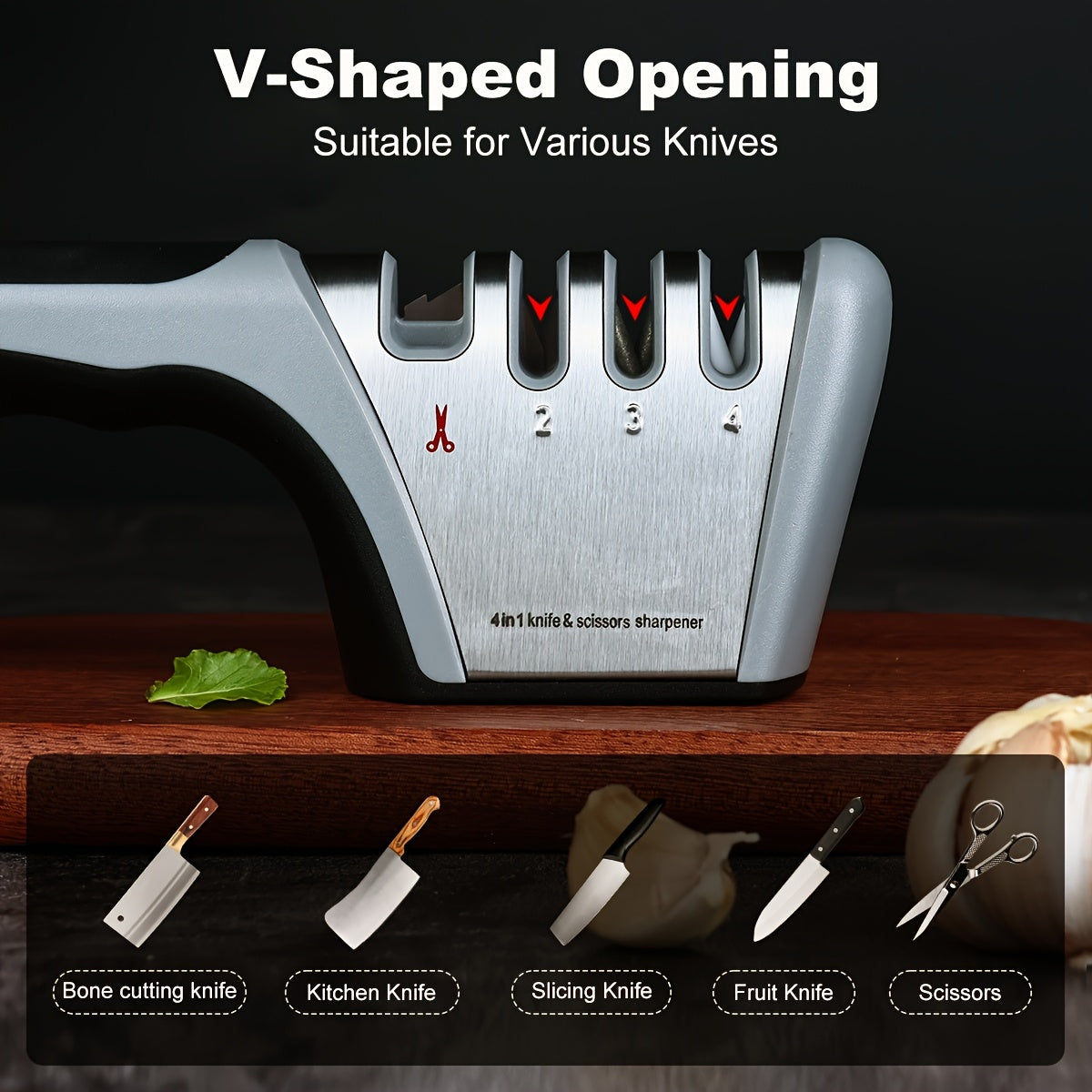 4-in-1 Knife Sharpener Manual Kitchen Tool for Chef Knives, Paring Knives, Steel Blades & Scissors – 4 Stage Sharpening System with Non-Slip Base