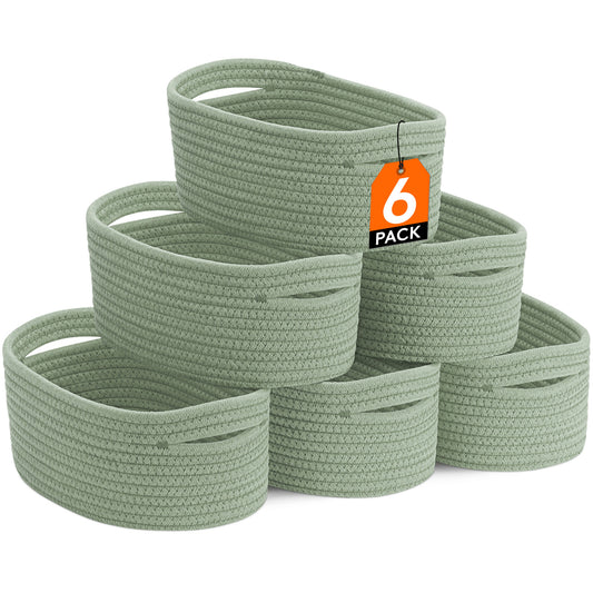 Woven Storage Baskets 6-Pack Cotton Rope Cube Bins 11x7x5" | Handmade Small Shelf Baskets for Organizing Closet Bedroom Living Room Playroom | Round Decorative Storage Caddy Multiple Colors
