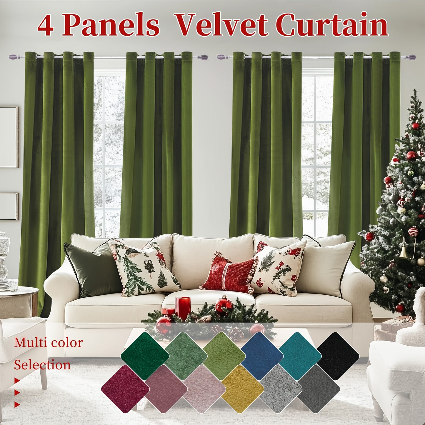 4pcs Luxury Velvet Blackout Curtains - Thermal Insulation & Noise Reduction, Soft Drapes for Living Room and Bedroom Decor, Grommet Top, Christmas Decoration
