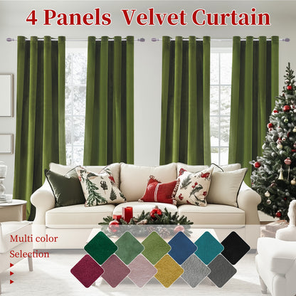 4pcs Luxury Velvet Blackout Curtains - Thermal Insulation & Noise Reduction, Soft Drapes for Living Room and Bedroom Decor, Grommet Top, Christmas Decoration