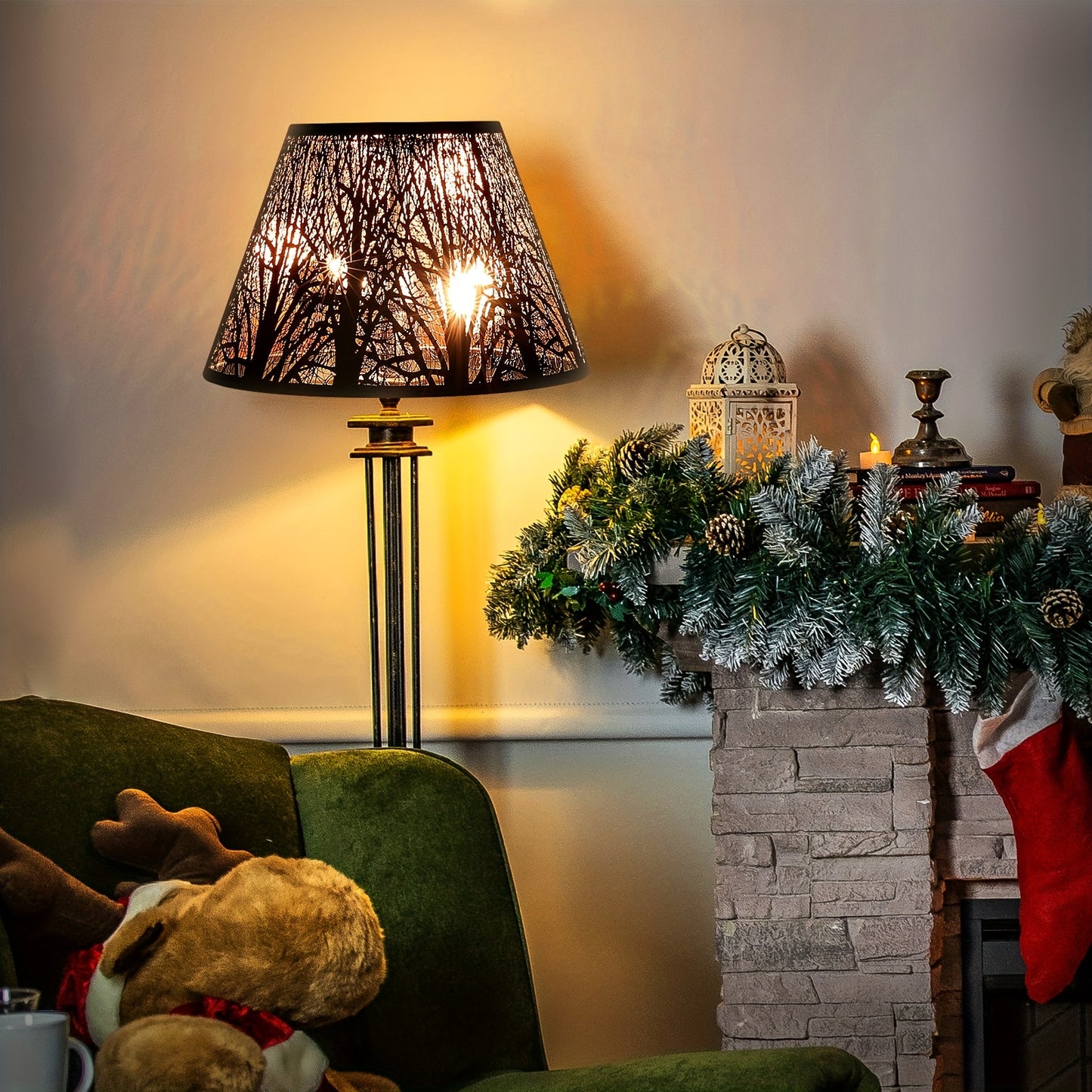 1pc Etched Forest Metal Lampshade, Black Exterior with Golden Interior, Barrel-Shaped Lampshade, Medium to Large Lampshade, Table Lamp Shade, Floor Lamp Shade, Black Lampshade 7x13x7.8", Suitable for Table Lamps, Floor Lamps, High-Quality Lampshade