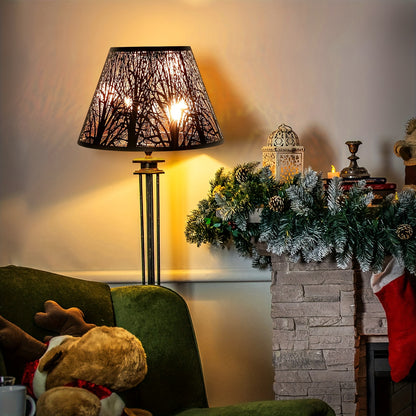 1pc Etched Forest Metal Lampshade, Black Exterior with Golden Interior, Barrel-Shaped Lampshade, Medium to Large Lampshade, Table Lamp Shade, Floor Lamp Shade, Black Lampshade 7x13x7.8", Suitable for Table Lamps, Floor Lamps, High-Quality Lampshade
