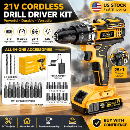 21V Cordless Impact Drill Set (2.0AH Battery and Fast Charging), Optional Drill Set and Storage Box, Equipped with Drill and Electric Screwdriver, with Work Light, Speed and Torque Adjustment - Suitable for Car and Home Maintenance | Men's Gift