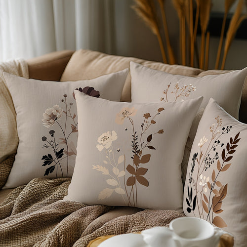 4pcs Modern Floral Throw Pillow Covers - Elegant Botanical Square Cushion Cases in Beige, Brown & Gray with Zip Closure, Machine Washable for Living Room, Bedroom & Sofa Decor, Contemporary Style, Decorative Pillows