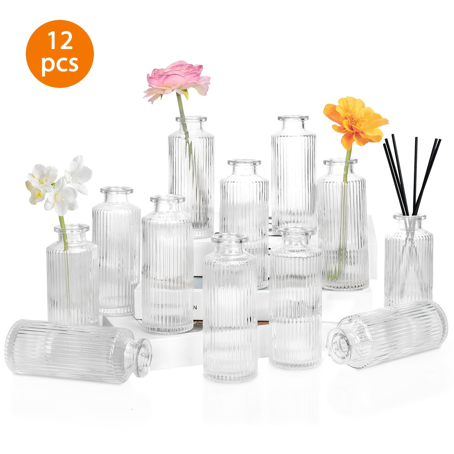 12/24/36pcs Bud Vase, Modern Striped Style, Wedding Centerpieces for Tables, Mini Clear Bud Vases for Flowers, Small Flower Vases Suitable for Birthday Party, Anniversary, Wedding, Home Table Deco, Multiple Sizes, for Mother's Day