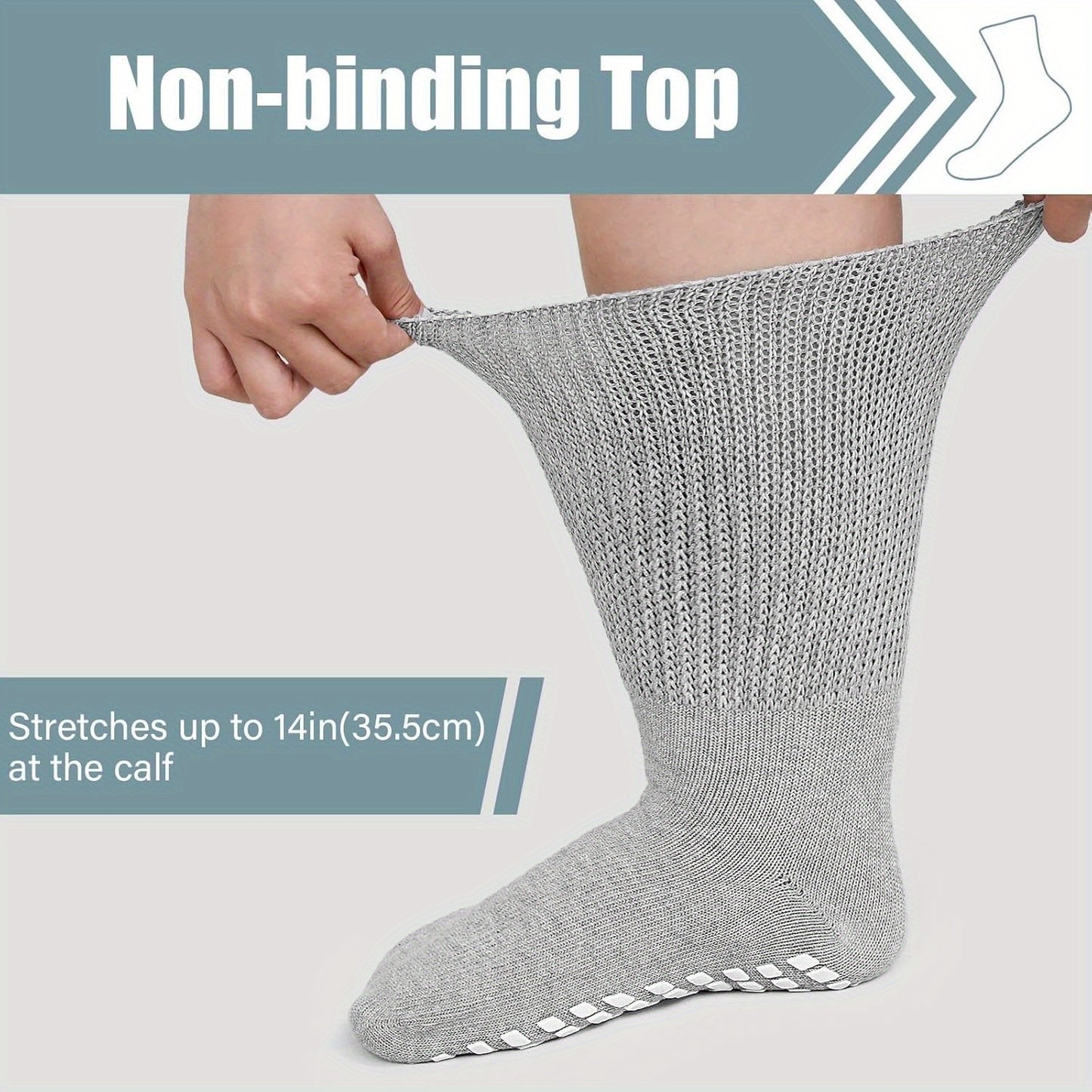 Anti-Slip Wide Socks for Swollen Feet 3 Pairs Grippy Sole Diabetic Non-Binding Breathable Edema Socks Reinforced Toe Heel Black White Grey Size 9-13 13-15