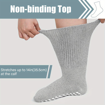 Anti-Slip Wide Socks for Swollen Feet 3 Pairs Grippy Sole Diabetic Non-Binding Breathable Edema Socks Reinforced Toe Heel Black White Grey Size 9-13 13-15