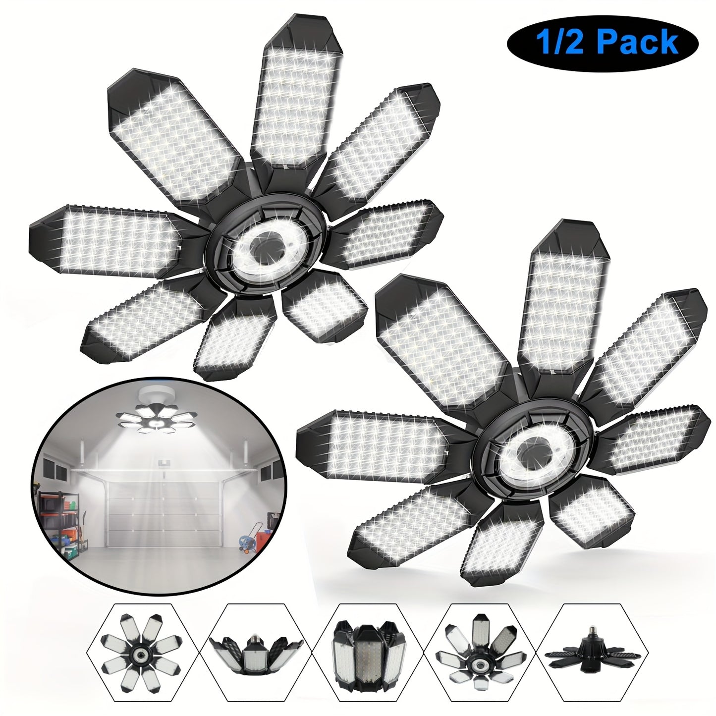 LED Garage Lights 25000LM Deformable – 250W Equivalent E26/E27 Screw-In Ceiling Shop Light with 6+1 / 8+1 Adjustable Panels for Garage, Basement, Attic & Warehouse (1, 2 or 4-Pack)