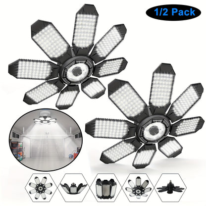 LED Garage Lights 25000LM Deformable – 250W Equivalent E26/E27 Screw-In Ceiling Shop Light with 6+1 / 8+1 Adjustable Panels for Garage, Basement, Attic & Warehouse (1, 2 or 4-Pack)