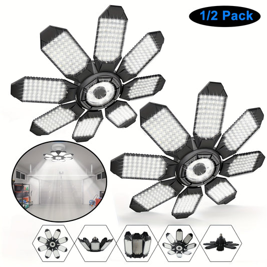 LED Garage Lights 25000LM Deformable – 250W Equivalent E26/E27 Screw-In Ceiling Shop Light with 6+1 / 8+1 Adjustable Panels for Garage, Basement, Attic & Warehouse (1, 2 or 4-Pack)