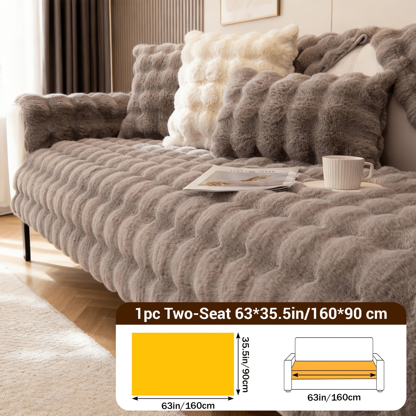 Bubble Soft Faux Rabbit Sofa Cover - Non-Slip 3/4 Seat Stretchable Slipcover Durable Furniture Protector Breathable Sofa Cover for Living Room, Bed, Dorm (Beige/Dark Grey/Khaki, 35.5X71/83Inch) - Comfortable Home Decoration, Warm And Easy to Clean