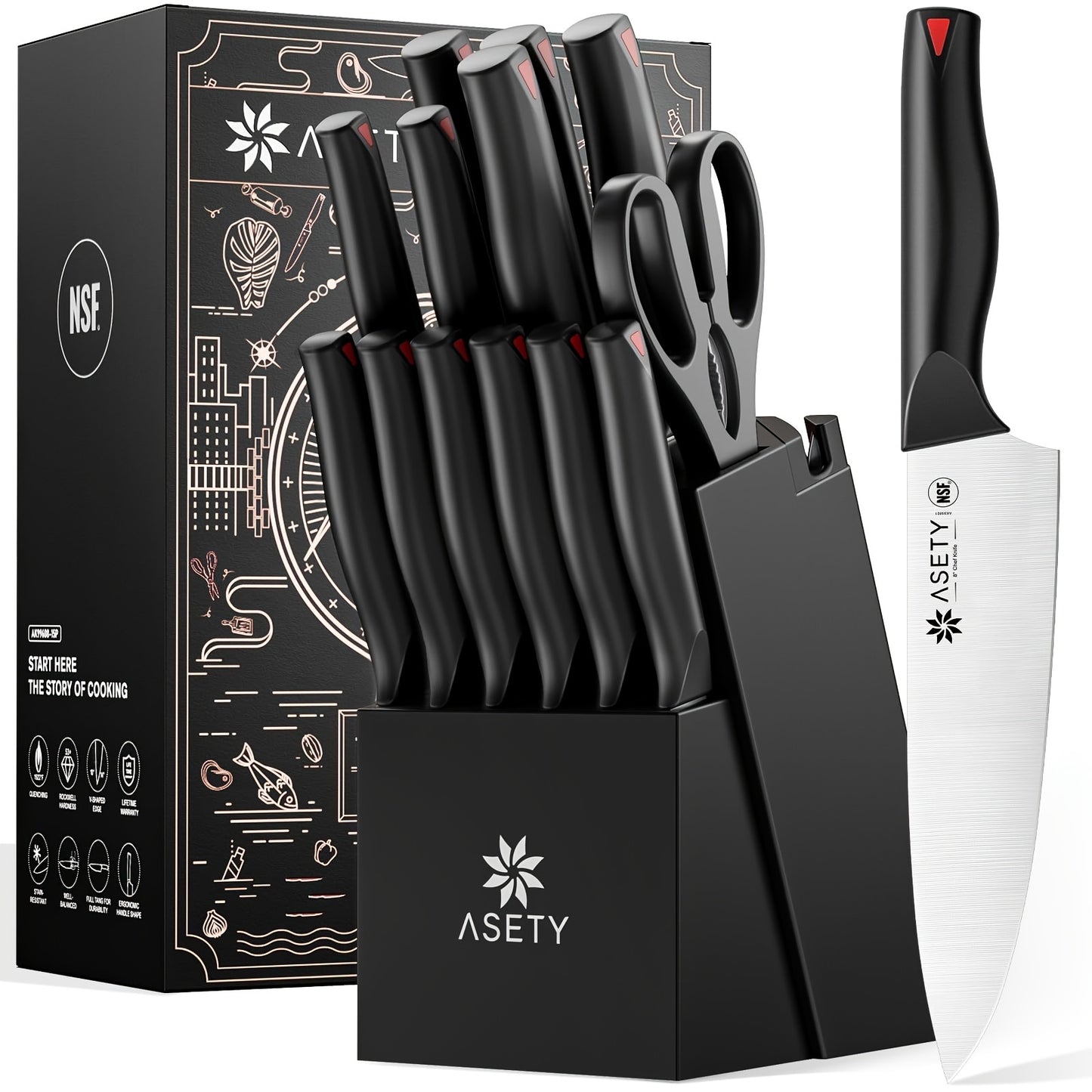 Asety-Pp Handle 15pcs Knife Set for Home Cooking/ Service
