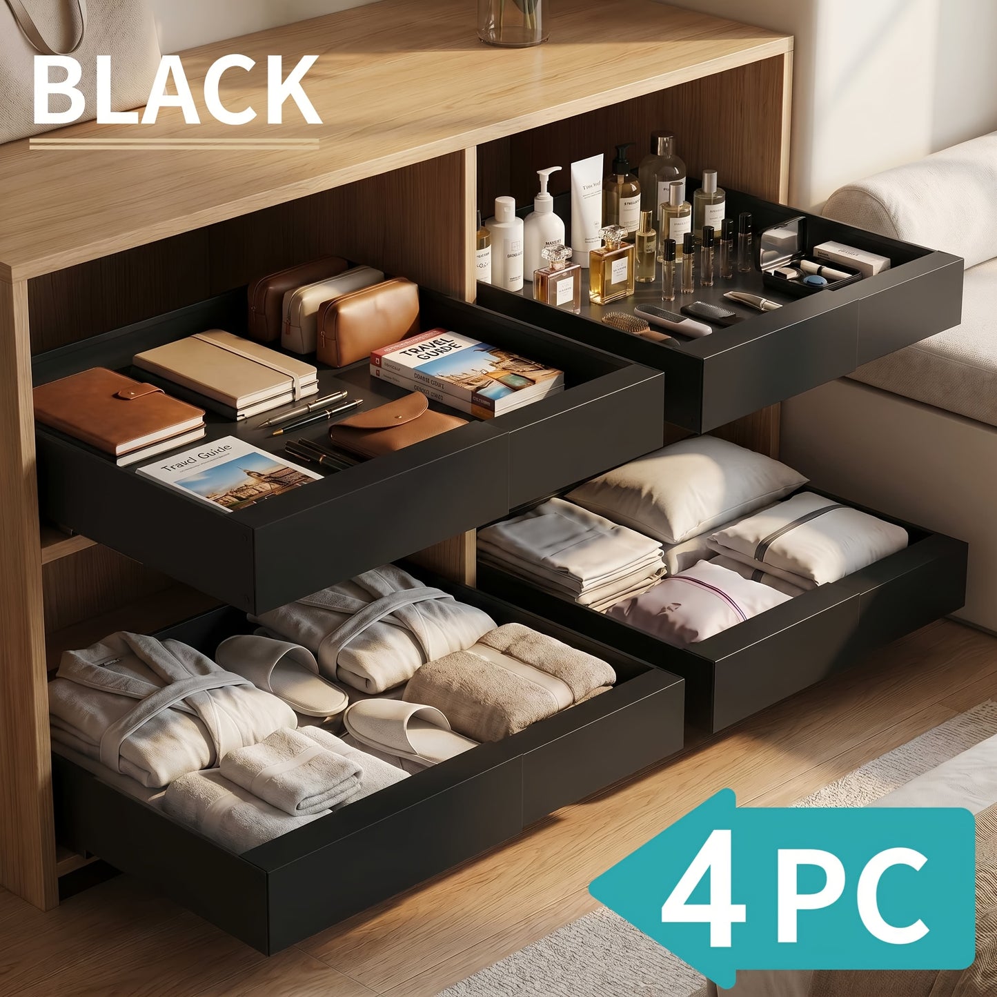 4-Pack Expandable Pull Out Cabinet Organizer, Heavy-Duty Carbon Steel Slide-Out Drawer (12.6"-20.5"W), Silent Sliding Roll-Out Shelf with Adhesive Nano Film Or Screw Installation, Rust-Resistant Storage Rack for Kitchen, Bathroom, And Pantry