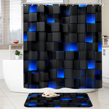Complete Bathroom Set Featuring a Dark Blue Geometric Design, Including a Blue-Black Shower Curtain, 12 Hooks, a, And a Seat Cover, All with a Modern Abstract Cube Pattern