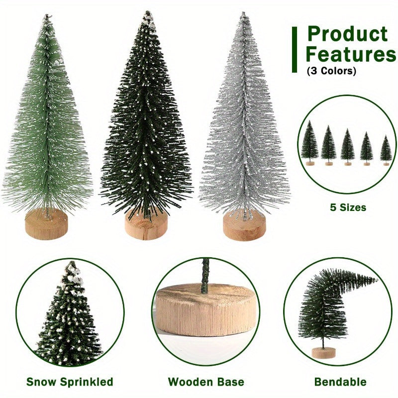 15pcs Mini Artificial Christmas Tree with Wooden Base - Bottle Brush Tabletop Decorations for the Holidays (Christmas, Halloween, Thanksgiving) - No Power Required, Non-Lit, Bendable, Snowflake Sprinkles Holiday Centerpieces