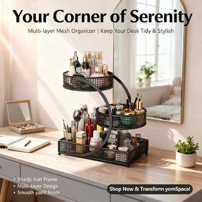 2-Tier/3-Tier Lightweight Metal Cosmetic Organizer with Round Baskets | Welded Construction, Anti-Rust Finish, Space-Saving Vanity Storage Rack for - Ideal Gift for Women & Girls, Makeup Organizer for Vanity, Sleek Metallic Finish