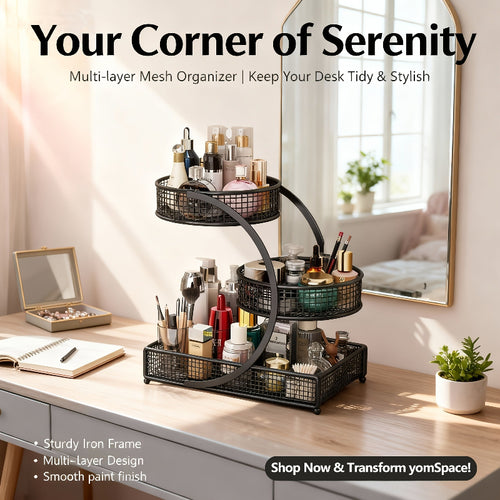 2-Tier/3-Tier Lightweight Metal Cosmetic Organizer with Round Baskets | Welded Construction, Anti-Rust Finish, Space-Saving Vanity Storage Rack for - Ideal Gift for Women & Girls, Makeup Organizer for Vanity, Sleek Metallic Finish
