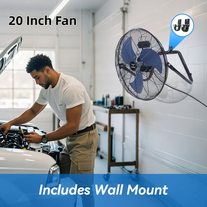High-speed Industrial Floor Fan, Three-speed Heavy-duty Metal Stand Floor Fan with Adjustable Tilt Angle, Suitable for Warehouses, Workshops, Garages, Factories, and Basements - 20/14/9/4 Inches